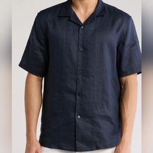 Theory  Relaxed Linen Shirt ,Short Sleeve,Dark Blue, S,classic